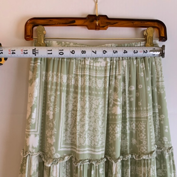 Boho/western, sage green & white floral bandana-like ruffled tiered maxi skirt - Picture 9 of 12